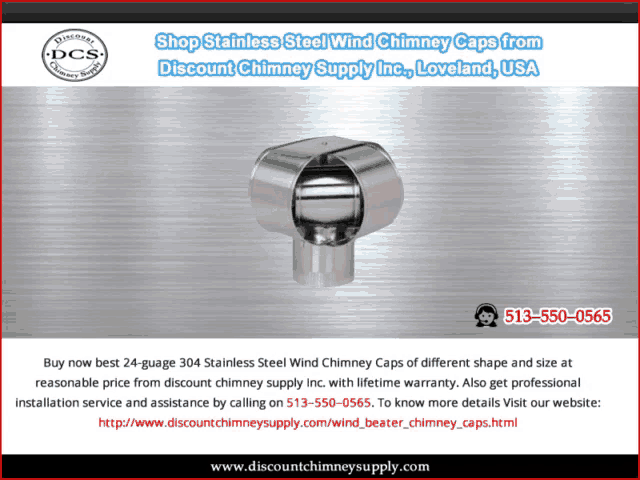 an ad for stainless steel wind chimney caps from discount chimney supply inc. loveland usa