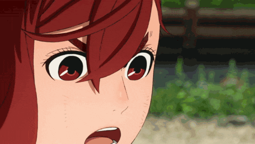 a close up of a anime character with red hair