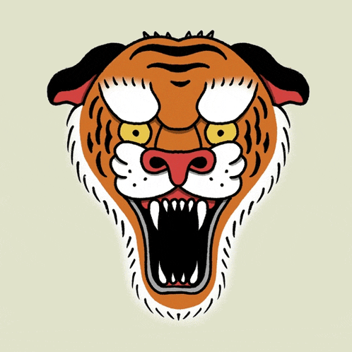 a cartoon drawing of a tiger 's face with a black cat behind it