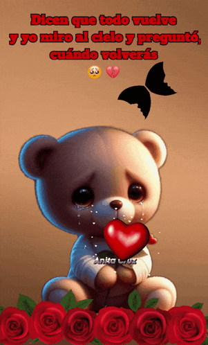 a teddy bear holding a heart with the words " dicen que todo vuelve y yo miro al cielo "