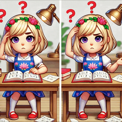 a little girl is sitting at a desk with a book and a question mark on her head