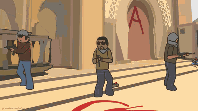a cartoon of three men standing in front of a building with a red letter a on it