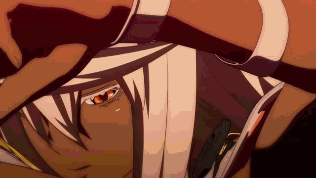 a close up of a cartoon character with white hair and red eyes
