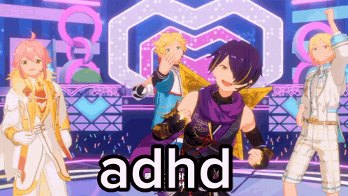 a group of anime characters are dancing on a stage and the word adhd is on the screen