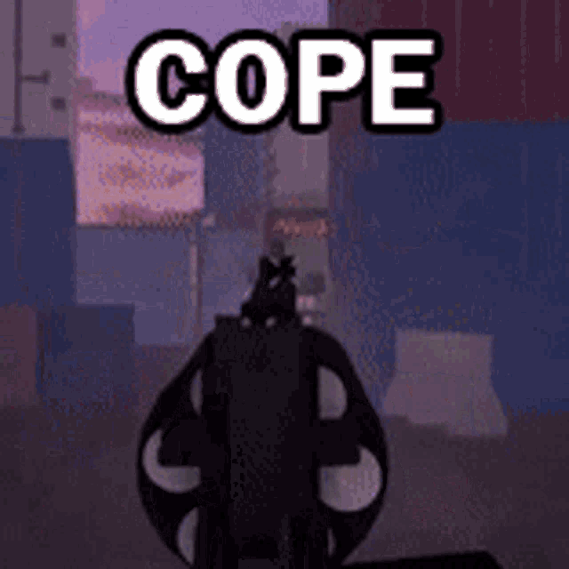 a video game character is holding a gun in front of a building with the word cope written on it .