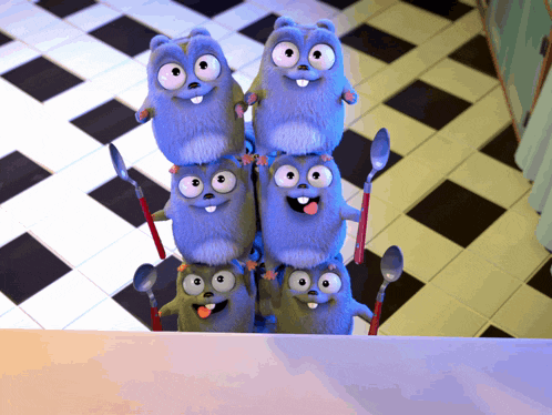 a group of cartoon characters stacked on top of each other with spoons in their hands