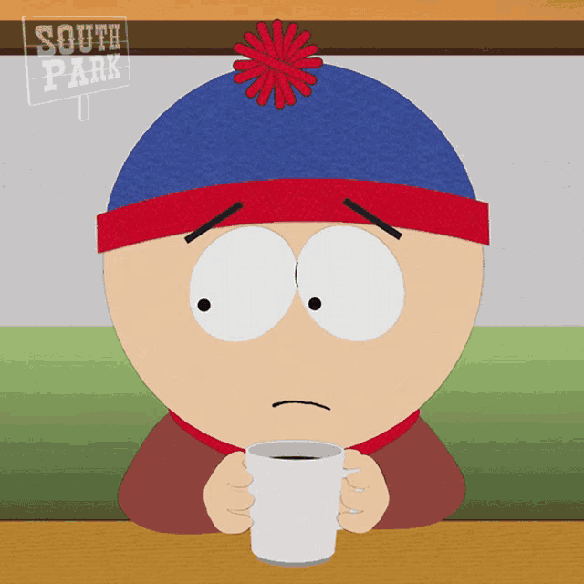 stan marsh from south park holds a cup of coffee