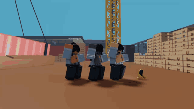 three roblox characters are standing in front of a building with the name mjoannegal on it