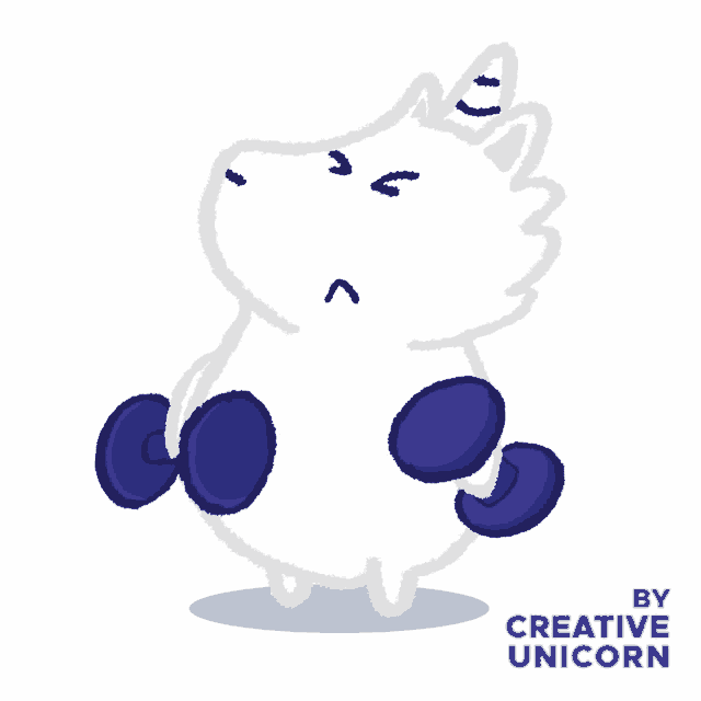 a cartoon of a white unicorn lifting blue dumbbells with the words by creative unicorn below it