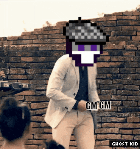 a man in a suit is dancing with a gm gm sign