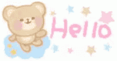 a teddy bear is sitting on a cloud with the word hello written in pink .