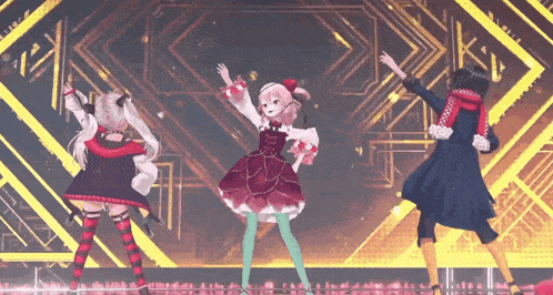 three anime girls are dancing on a stage with a yellow background