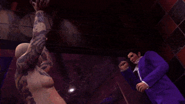 a man with a tattoo on his stomach is being punched by another man in a suit