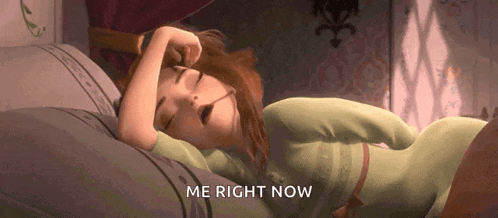 a cartoon character is sleeping on a bed and the words me right now are above her