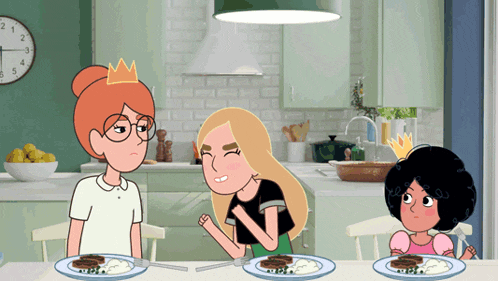 a cartoon of three girls sitting at a table with plates of food and a clock behind them that says 2:30