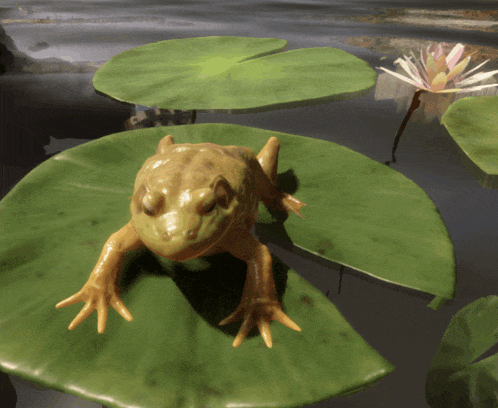 a frog sits on a lily pad in the water