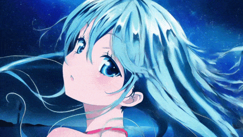 a drawing of a girl with blue hair and blue eyes