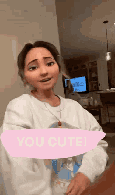 a girl with a cartoon face and a speech bubble that says " you cute "