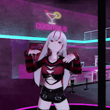 a girl is dancing in front of a sign that says cocktails