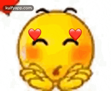 a yellow smiley face with red hearts in its eyes and a red heart in the background .
