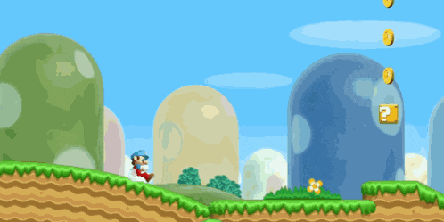 a cartoon of mario running on a hill with a blue sky in the background