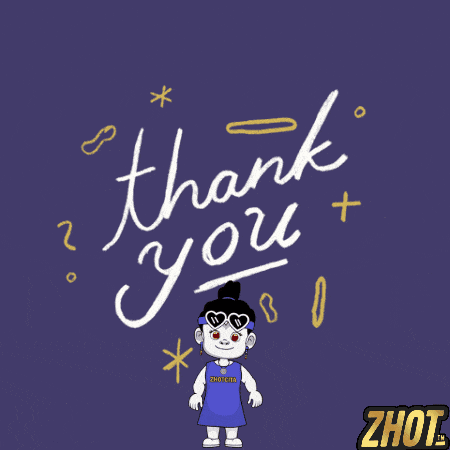a cartoon girl stands in front of the words thank you