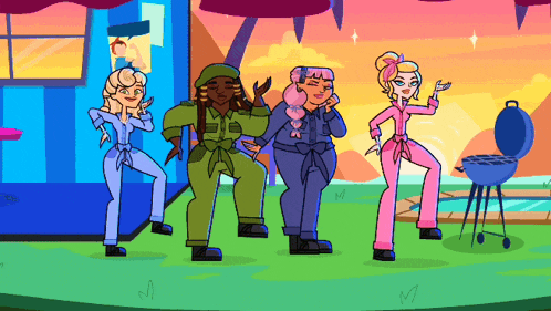 a group of cartoon characters are dancing in front of a bbq