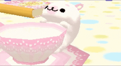 a cartoon character is pouring milk into a pink cup