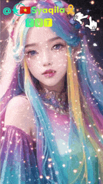 a painting of a girl with rainbow hair and the word syaqin on the bottom