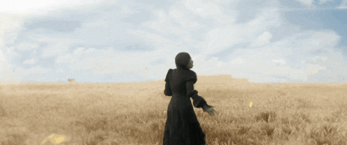 a woman in a black dress stands in a field of tall grass