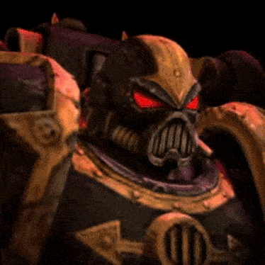 a close up of a video game character 's head with red eyes
