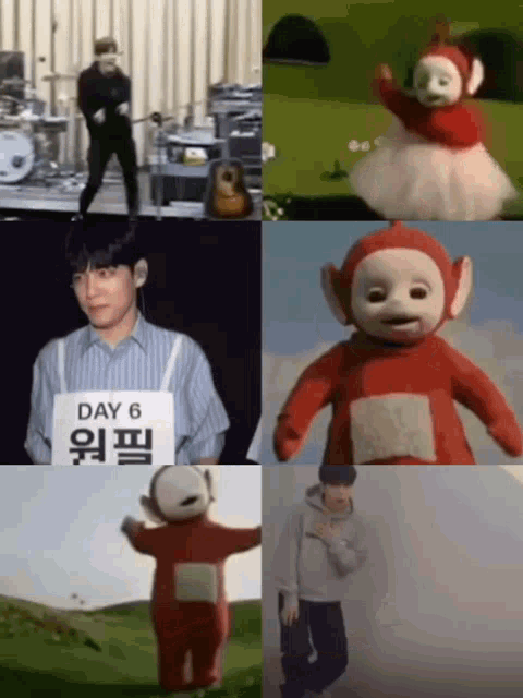 a collage of pictures shows a man in a teletubbies outfit