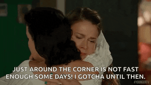 a woman is hugging another woman who is crying and says `` just around the corner is not fast enough some days ! ''