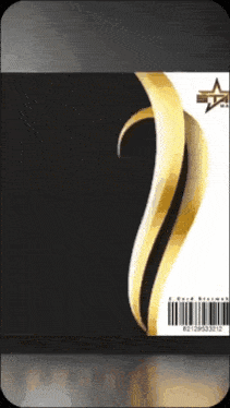 a black and white e-card with a gold swirl and barcode