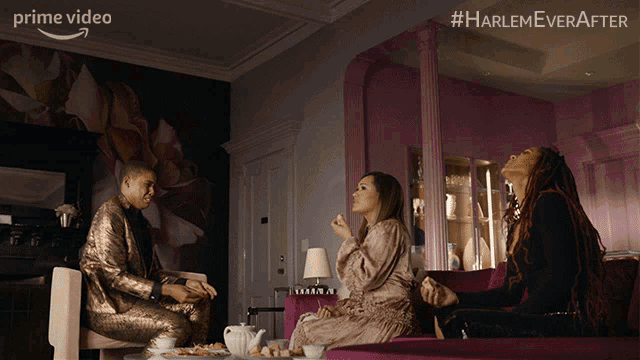 a poster for harlem ever after shows three people sitting on a pink couch