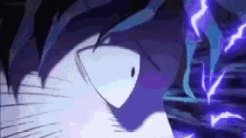 a close up of a person 's face with a purple lightning bolt behind it .