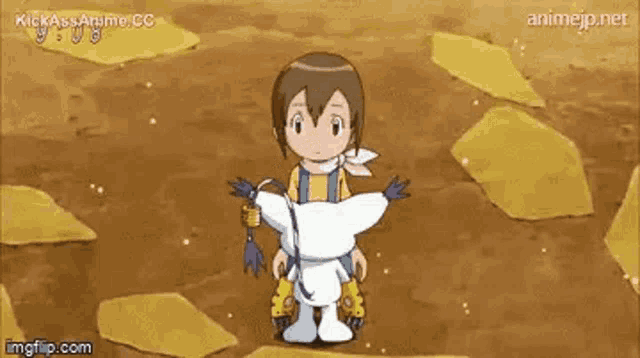 a girl is riding on the back of a white dog in a cartoon .