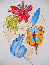 a colorful drawing of a heart with flowers and leaves
