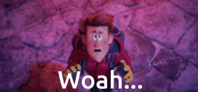 a cartoon character with a surprised look on his face and the words woah written above him .