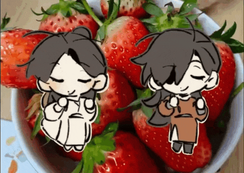 two anime characters are sitting in a bowl of strawberries