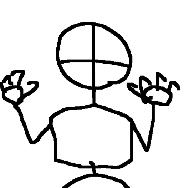 a black and white drawing of a stick figure with a cross in the middle of his head .