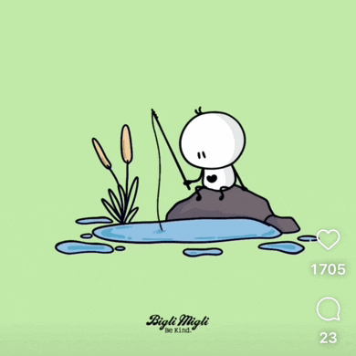 a cartoon of a person fishing in a pond with the words biglietti miglia be kind