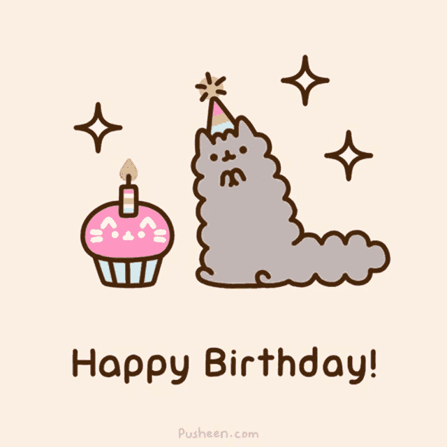 a cat wearing a party hat is next to a cupcake with a candle and the words happy birthday written below it