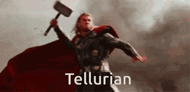 a painting of thor holding a hammer with the word tellurian written below him
