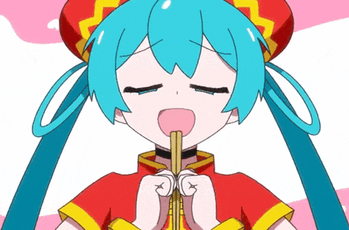 a girl with blue hair and a red hat is holding chopsticks
