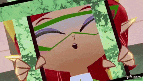 a cartoon character wearing glasses and a red jacket is holding a picture of himself .