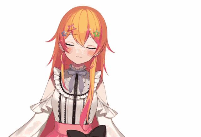 a girl with a cat ear and a pink skirt smiles