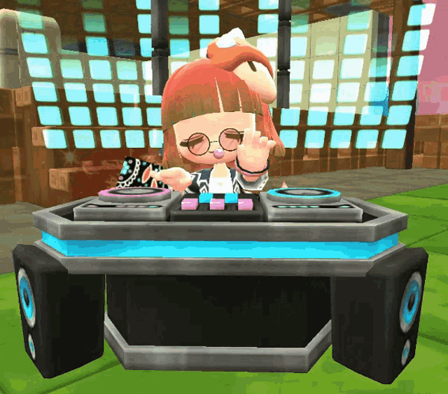 a girl in a video game is playing a dj 's set