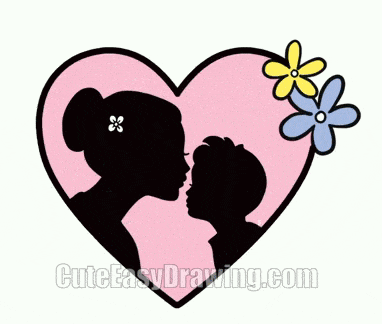 a drawing of a mother and son kissing in a heart
