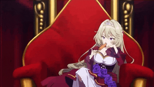 a girl in a red dress is sitting on a red throne eating a carrot .